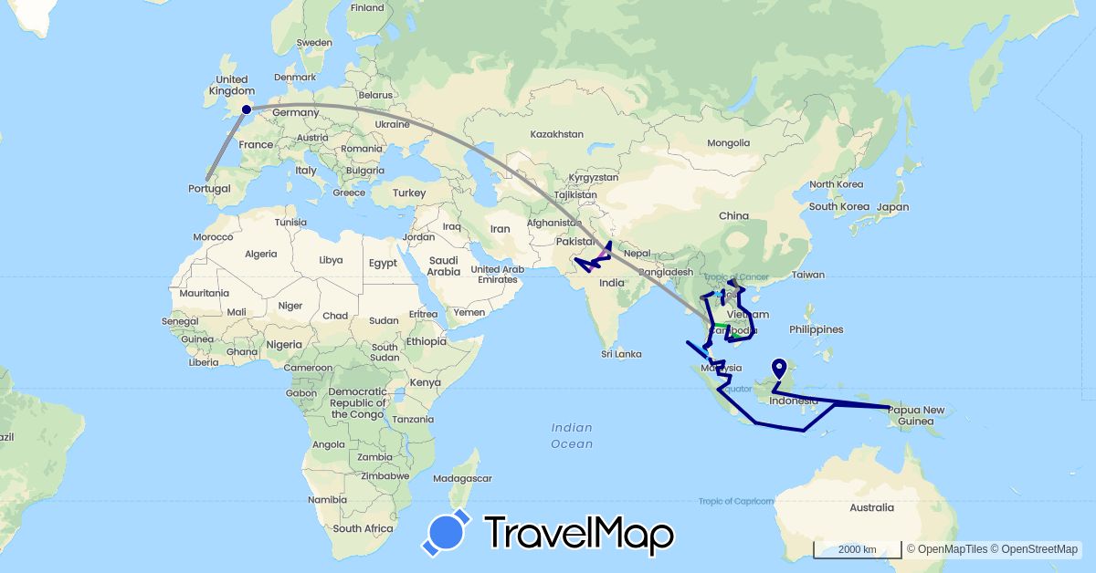 TravelMap itinerary: driving, bus, plane, train, boat, motorbike in United Kingdom, Indonesia, India, Cambodia, Laos, Malaysia, Portugal, Singapore, Thailand, Vietnam (Asia, Europe)